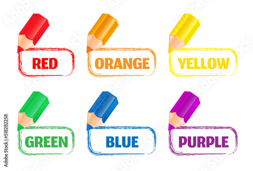 Set of colorful pencils with name of colors. Learning basic colors for preschoolers. Pencils with red, green, orange, blue, yellow, purple colors.