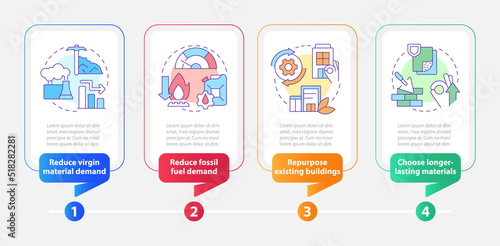 Net zero strategies rectangle infographic template. Decarbonization. Data visualization with 4 steps. Editable timeline info chart. Workflow layout with line icons. Myriad Pro-Bold, Regular fonts used