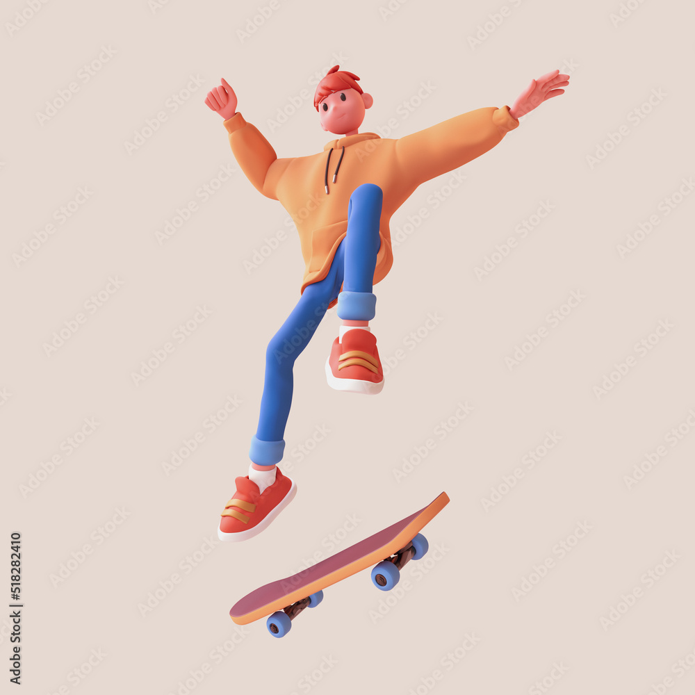 Young tall cute excited funny smiling сasual asian active red-haired guy wears fashion clothes orange hoodie blue jeans, sneakers jump up in air on skateboard have fun joy. 3d render on beige backdrop
