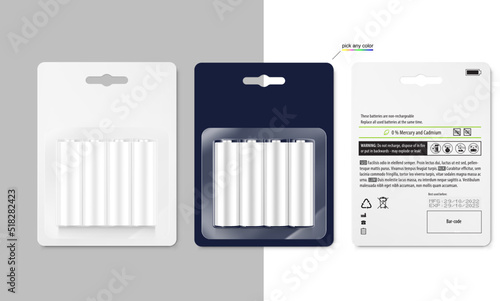A set of mockups of battery packs with text. Front and rear side. Vector illustration. Perfect for pack shot product. EPS10.	