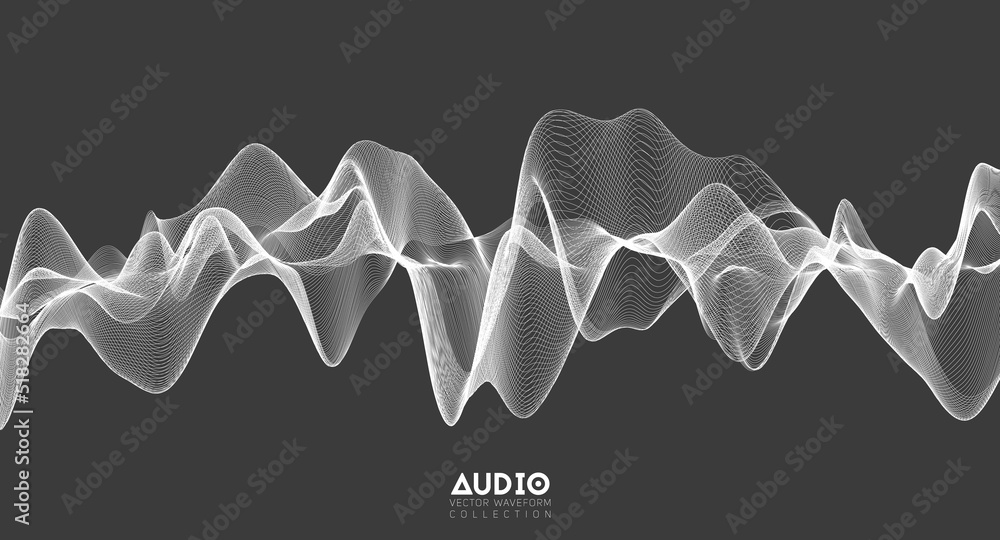 3d audio soundwave. White music pulse oscillation. Glowing impulse ...