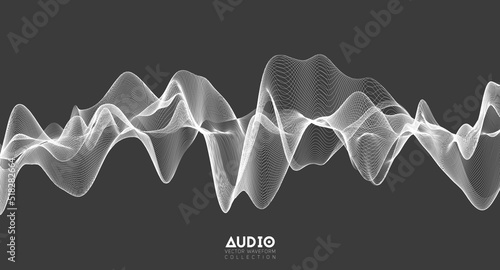 3d audio soundwave. White music pulse oscillation. Glowing impulse pattern