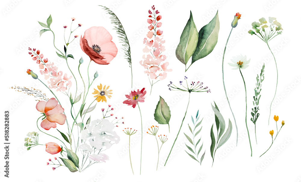 Bouquet made of watercolor wildflowers and leaves, wedding and greeting illustration elements - obrazy, fototapety, plakaty 