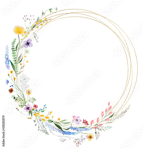 Round Frame made of watercolor wildflowers and leaves, wedding and greeting illustration