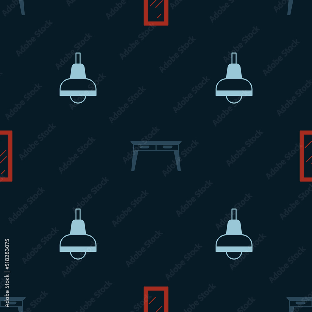 Set Big full length mirror, Office desk and Lamp hanging on seamless pattern. Vector Set Big full length mirror, Office desk and Lamp hanging on seamless pattern. Vector