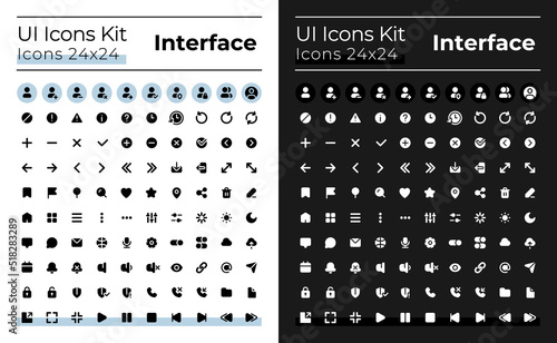 Minimalistic and simple looking glyph ui icons set for dark, light mode. Silhouette symbols for night, day themes. Solid pictograms. Vector isolated illustrations. Montserrat Bold, Light fonts used