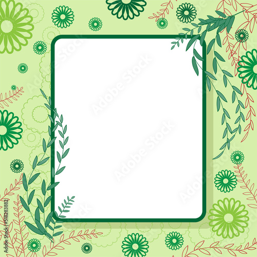 Green decorated nature, plant and leaf based blank frame with space for text, card, banner, poster design vector illustration.