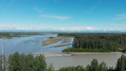 4K Drone Video of Susitna River with Denali Mountain in Distance on Alaska Summer Day photo