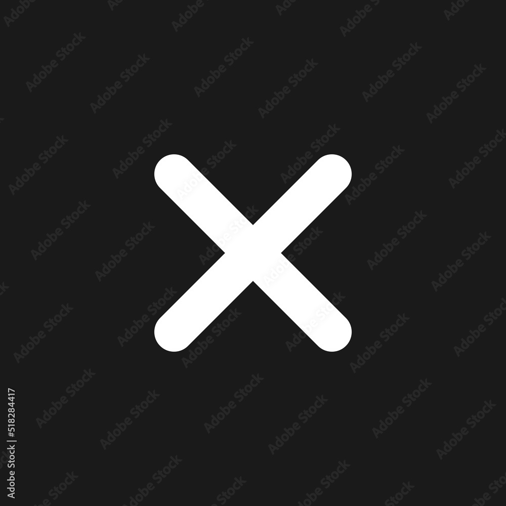 Cross mark dark mode glyph ui icon. Delete action. Cancel button. User interface design. White silhouette symbol on black space. Solid pictogram for web, mobile. Vector isolated illustration Cross mark dark mode glyph ui icon. Delete action. Cancel button. User interface design. White silhouette symbol on black space. Solid pictogram for web, mobile. Vector isolated illustration