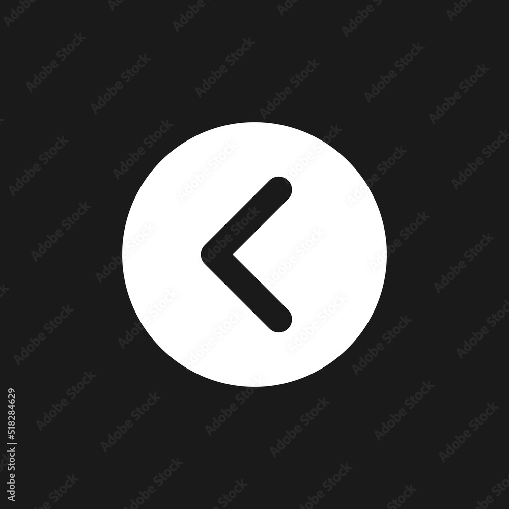 Arrow left button dark mode glyph ui icon. Move back. Previous track. User interface design. White silhouette symbol on black space. Solid pictogram for web, mobile. Vector isolated illustration Arrow left button dark mode glyph ui icon. Move back. Previous track. User interface design. White silhouette symbol on black space. Solid pictogram for web, mobile. Vector isolated illustration