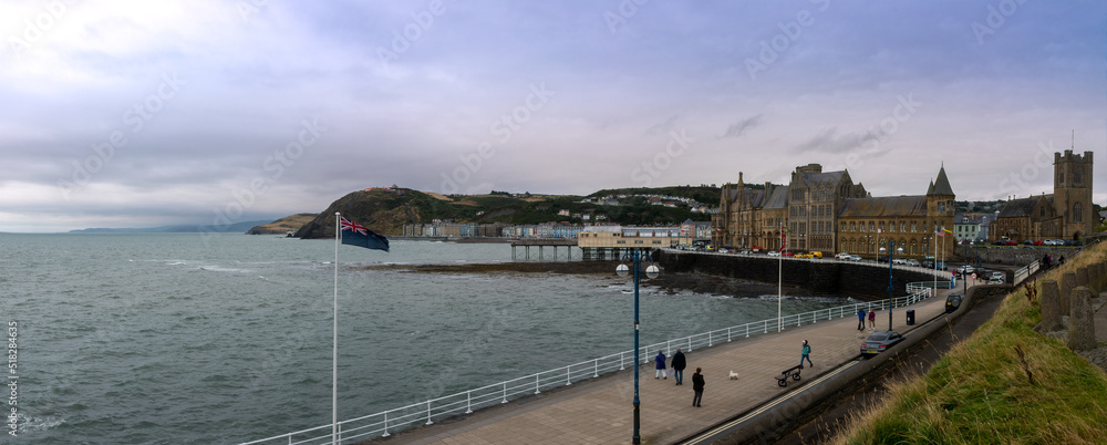 Panorama of the Aberystwyth seafront promenade, late afternoon