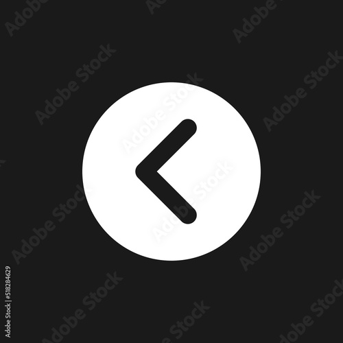 Arrow left button dark mode glyph ui icon. Move back. Previous track. User interface design. White silhouette symbol on black space. Solid pictogram for web, mobile. Vector isolated illustration
