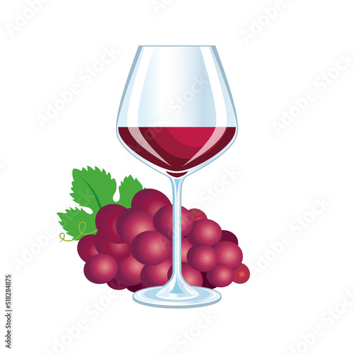 Glass of red wine and grapes icon vector. Glass of red wine and bunch of grapes still life vector illustration isolated on a white background. Red wine drink drawing
