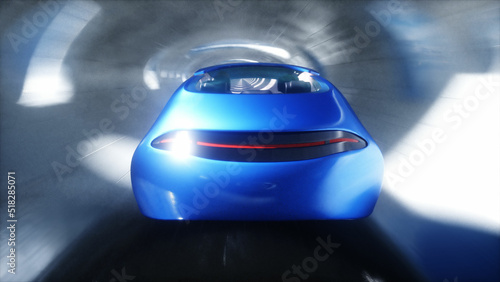 Futuristic sci fi tunnel. Flying futuristic car. 3d rendering.