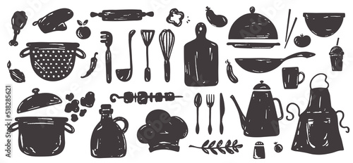 Big collection kitchen utensils food elements. Grunge crockery and kitchen items on the theme of cooking for backgrounds, menu, stickers, postcards, t-shirt prints. Vector hand drawn illustration.