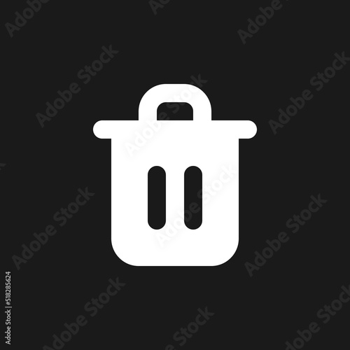 Trash can dark mode glyph ui icon. Delete button. Recycle bin. Container. User interface design. White silhouette symbol on black space. Solid pictogram for web, mobile. Vector isolated illustration