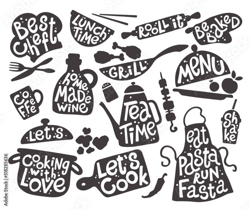 Kitchen utensils food elements. Sketch style cooking lettering icons set for badges, labels, logo, sweet shop, bakery, snack bar, country fair, kitchen classes, cafe. Hand drawn vector.