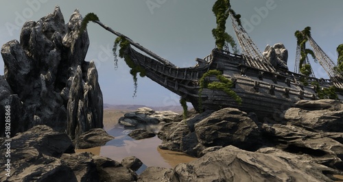 Hull of an old ship wrecked 3d illustration