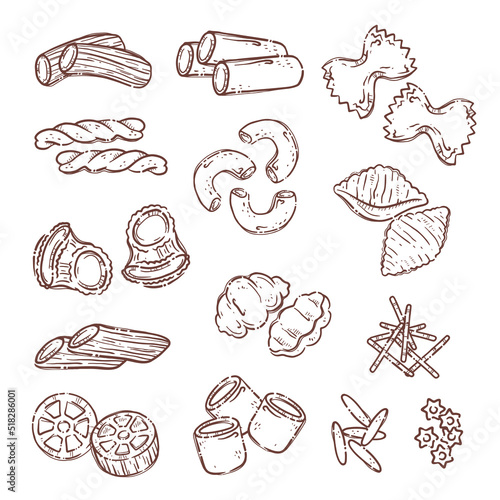 Collection italian pasta. Different types of uncooked pasta for backgrounds, menu, stickers, cafe, restaurant, bar, shop. Set of Italian cuisine staples.