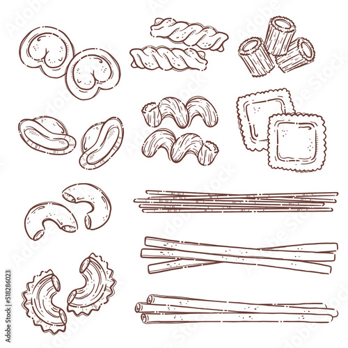 Collection italian pasta. Different types of uncooked pasta for backgrounds, menu, stickers, cafe, restaurant, bar, shop. Set of Italian cuisine staples.