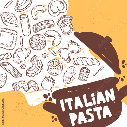 Lettering italian pasta. Different types of pasta for backgrounds, menu, postcards, cafe, restaurant, bar, shop. Set of Italian cuisine staples.