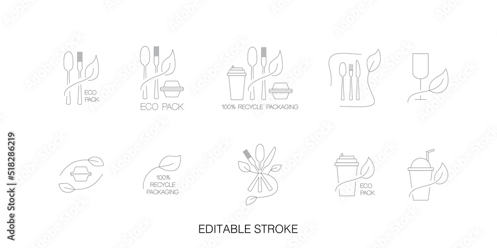 Fast food and take away eco packaging symbol set for restaurant, cafe, bistro and diner. Plastic free and recyclable. Editable stroke. Vector stock illustration isolated on white background. 
