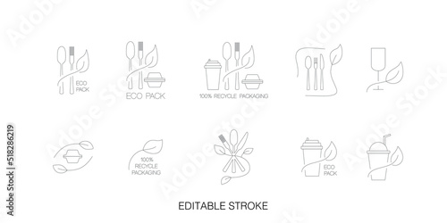 Fast food and take away eco packaging symbol set for restaurant  cafe  bistro and diner. Plastic free and recyclable. Editable stroke. Vector stock illustration isolated on white background. 