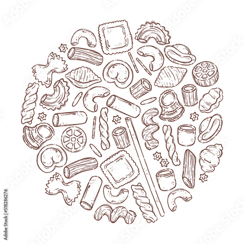 Big collection italian pasta. Different types of uncooked pasta for backgrounds, menu, stickers, cafe, restaurant, bar, shop. Set of Italian cuisine staples.