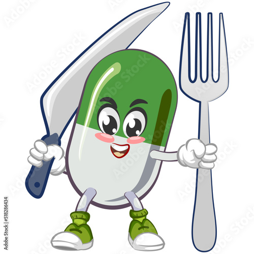 vector illustration of cute capsule mascot with fork and knife