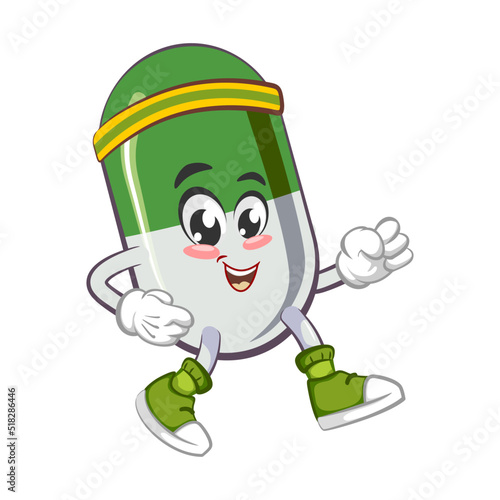 vector illustration of cute capsule mascot jogging