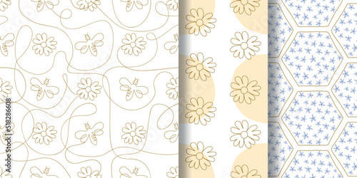 Single continuous line drawing floral pattern set. Summer flower honey bee repeated background. Sunflower in one continuous line. Minimalist linear sketch summer background. Vector illustration.