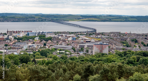 Dundee, Scotland, UK – June 23 2022. Dundee city and the Firth of the Tay captured from above on Law Hill