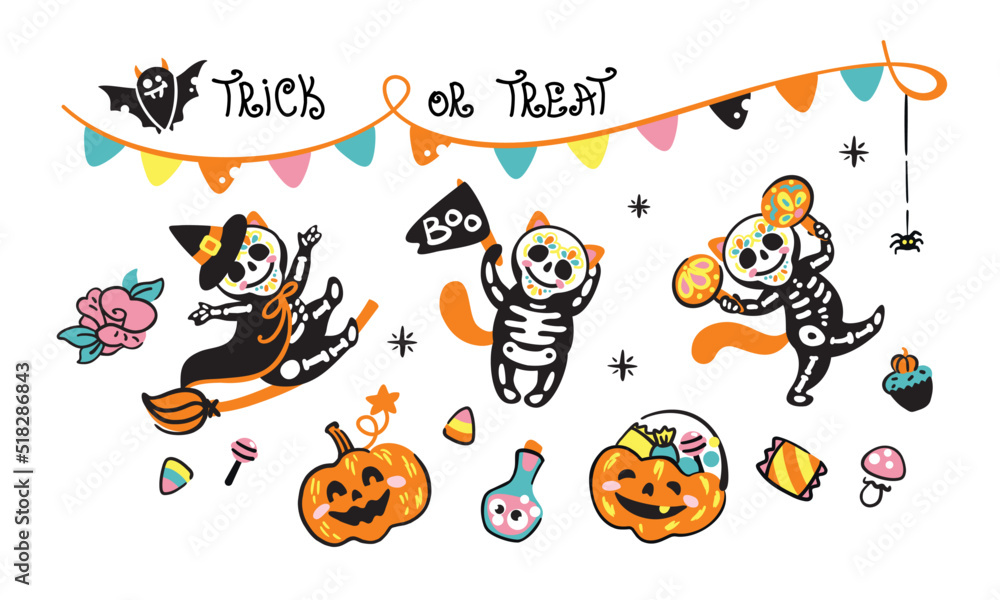 Funny cat in halloween skeleton costume. Vector illustration. Halloween party. Funny cat in halloween skeleton costume. Vector illustration. Halloween party.