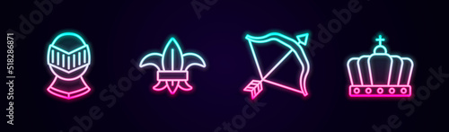 Set line Medieval helmet, Fleur de lys or lily flower, bow and arrow and King crown. Glowing neon icon. Vector