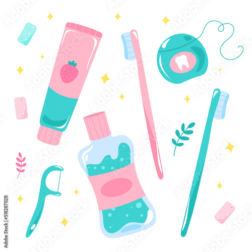 Cute dental care products, flat vector illustration isolated on white background. Dental cleaning tools.