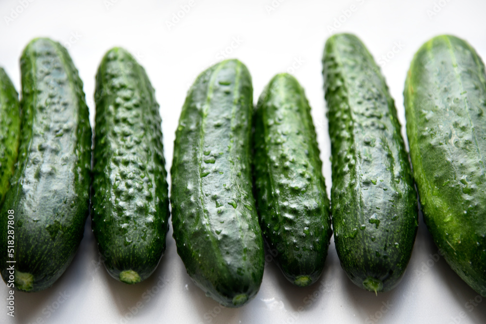 Green juicy cucumbers on a white background. Green juicy cucumbers on a white background.