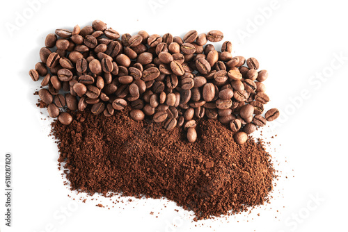 Roasted coffee beans different sort ground and whole isolated close up on white background