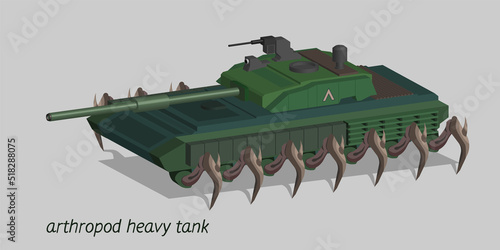 Vector 3d arthropod heavy tank with seven legs instead of tracks. Metal and biological military mutant