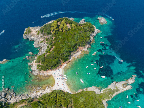 Aerial view of Limni Beach Glyko, on the island of Corfu. Greece. Where the two beaches are connected to the mainland providing a wonderful scenery. Unique double beach. Kerkyra photo