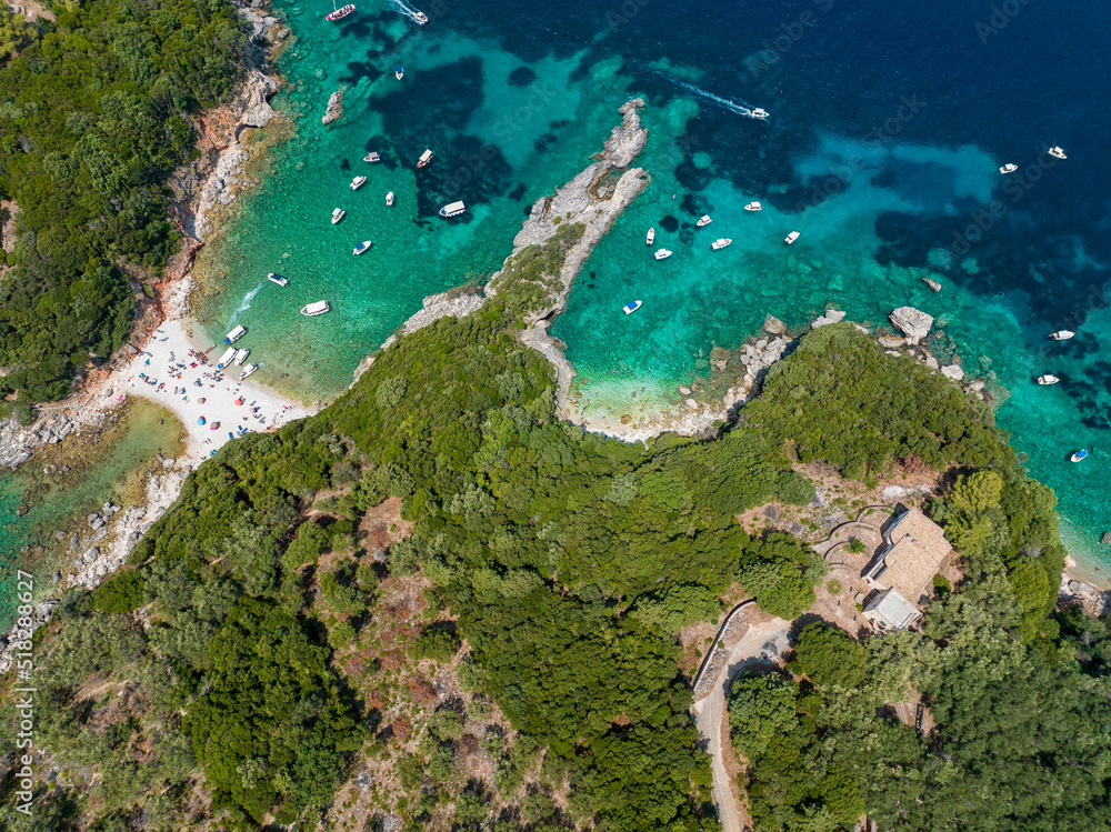 Aerial view of Limni Beach Glyko, on the island of Corfu. Greece. Where