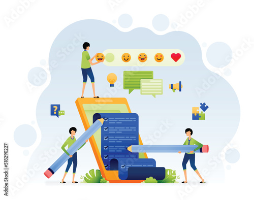 Fill out surveys and ratings to provide feedback to mobile apps service providers. Vector illustration design can use for landing page template ui ux web social media poster banner website flyer ads