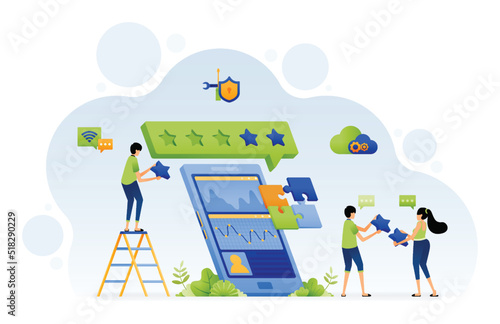 Mobile apps to analyze ratings and feedback given by users and solve problems with teamwork. Vector illustration design can use for landing page template ui ux web social media poster banner website
