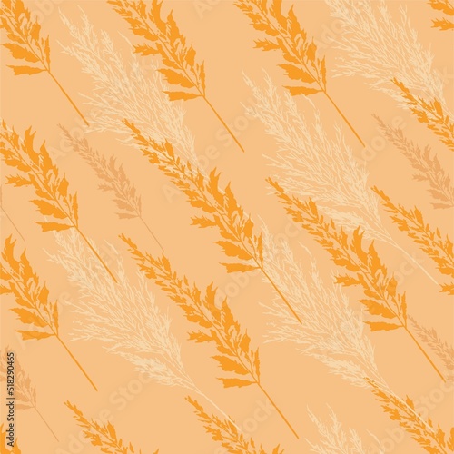 Vector image flat style orange natural grass silhouettes seamless patterns. Mask added, image can be easily edited and used for scrapbooking and design