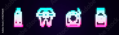 Set line Tube of toothpaste, Teeth with braces, Dental floss and Toothache painkiller tablet. Glowing neon icon. Vector