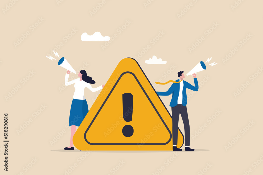 Important announcement, attention or warning information, breaking news or urgent message communication, alert and beware concept, business people announce on megaphone with attention exclamation sign - obrazy, fototapety, plakaty 