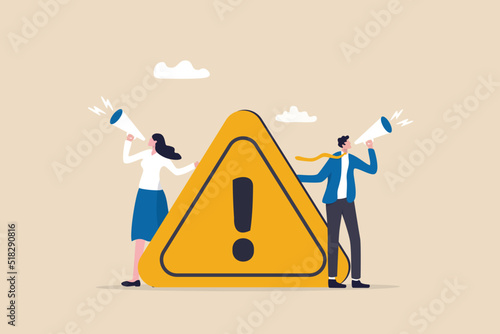 Important announcement, attention or warning information, breaking news or urgent message communication, alert and beware concept, business people announce on megaphone with attention exclamation sign photo