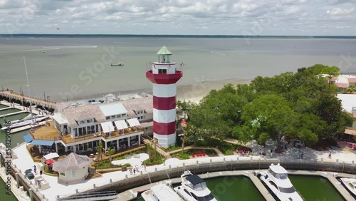 A wide drone shot of the lighthouse at Harbor Town on Hilton head island, sc photo