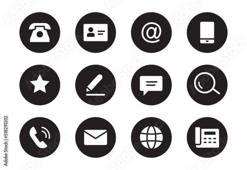 Phone, email contact icon. Mail, telephone adress, message symbol for website button. Black solid pictogram design style icon set. Vector illustration.