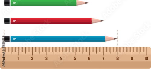 Physics, math, chemistry, geometry, geography. Science. Wooden ruler and pencil vector, illustration. for math and physics classes