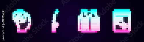 Set line Fisherman, Fishing rod, jacket and Served fish on plate. Glowing neon icon. Vector